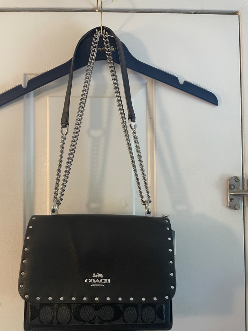 Coach Black Leather & Signature Canvas Chain Shoulder Bag with Silver Studs - Picture 5 of 17